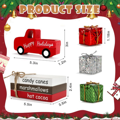 Christmas Decoration 7PCS Table Centerpieces, Tabletop Christmas Tiered Tray Shelf Mantel Fireplace Coffee Bar Office Desk Decor Farmhouse Xmas Wood Faux Book Sign and Gift Boxes Holiday Decoration