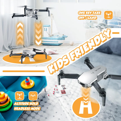 NEHEME Drones for Kids with Camera - Remote Control Helicopter Toys Gifts for Boys Girls, 1080P HD FPV RC Quadcopter for Adults, One Key Start/Land, Altitude Hold, Gravity Control, 2 Batteries, Silver