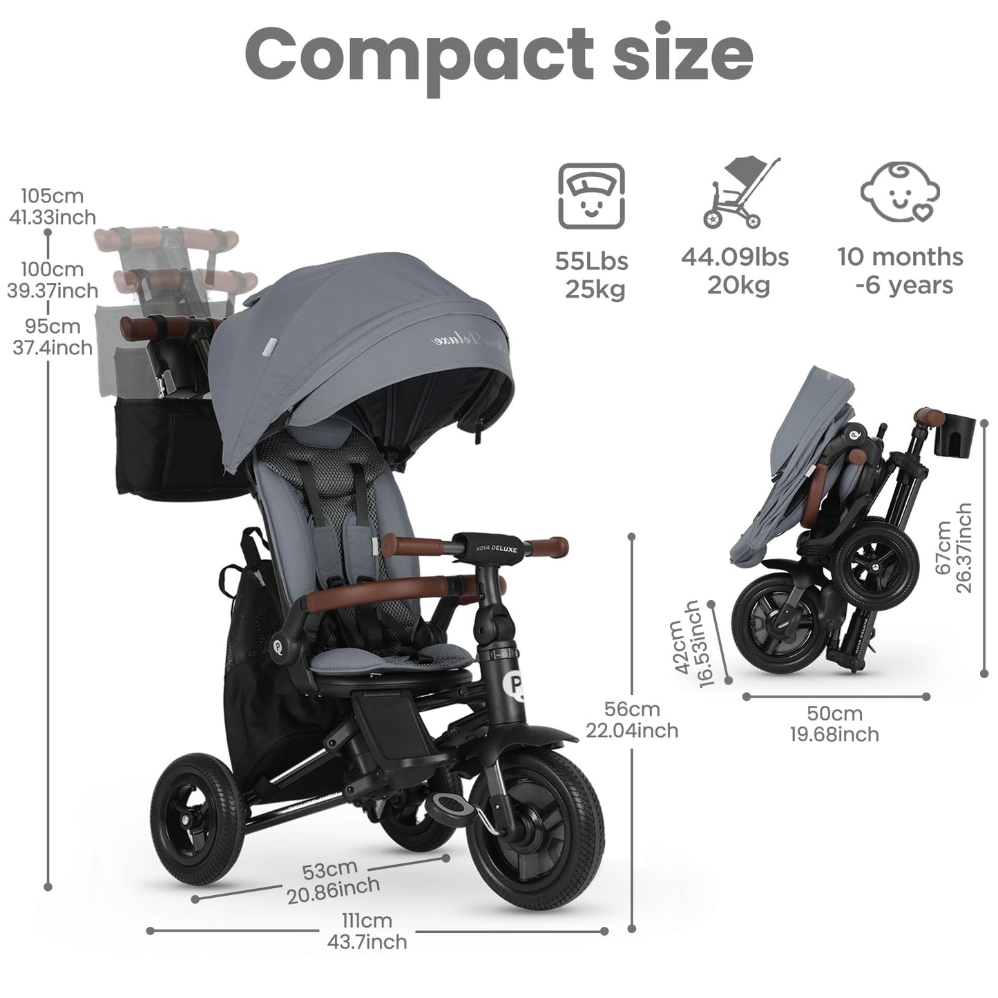 QPlay Baby Bike Stroller for Age 10 Months to 6 Years Old,8 in 1 Folding Toddler Bike Stroller with Removable Canopy & Guardrail Rotatable Seat -Tricycle for Toddlers Age 3-5 Boys & Girls Gift Trike