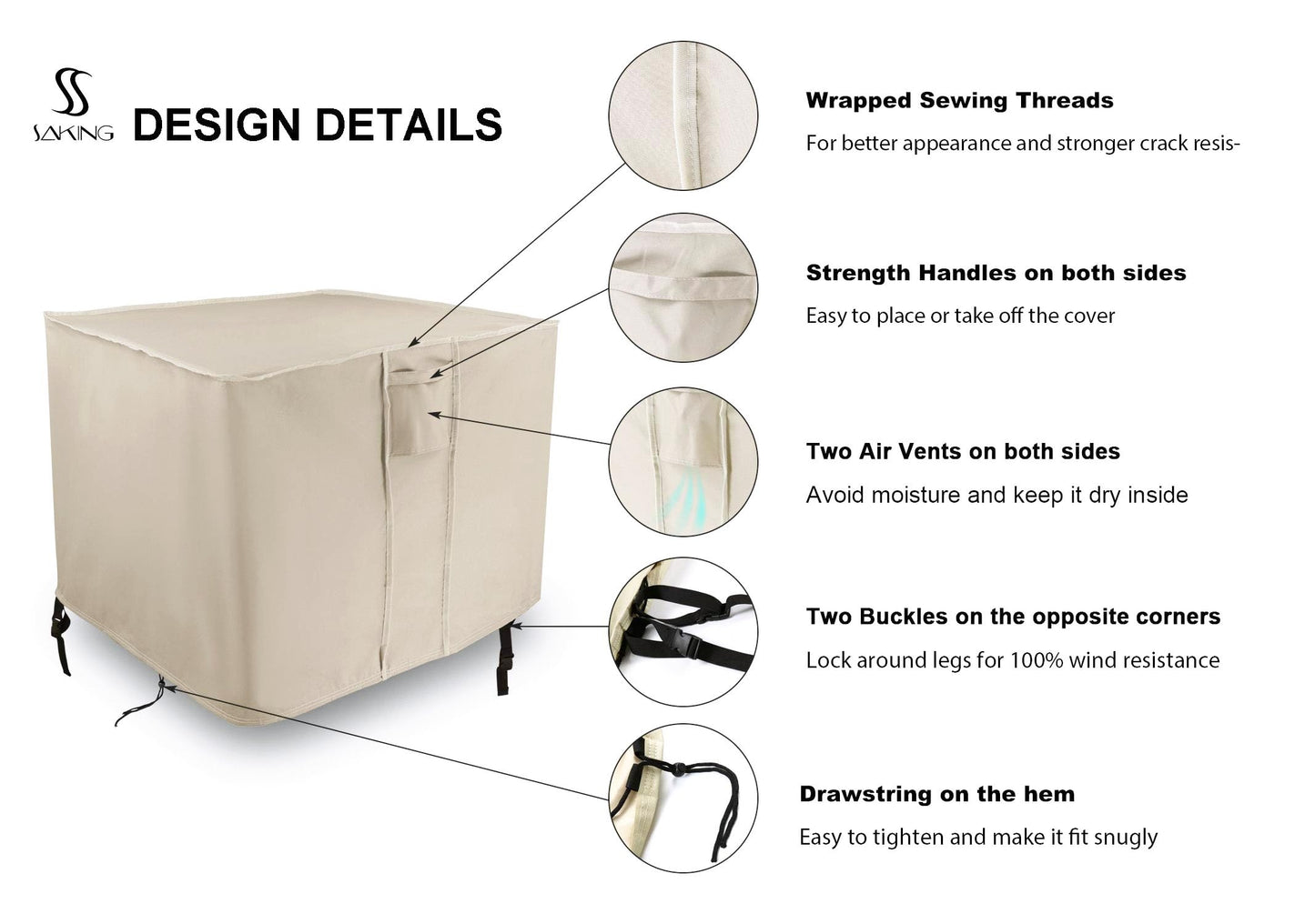 Saking Fire Pit Cover 38 Inch, Waterproof Heavy Duty 600D Square Firepit Covers Gas Fireplace Fire Pit Table Cover for Propane Fire Pit - 38 x 38 x 28 Inch (Beige)