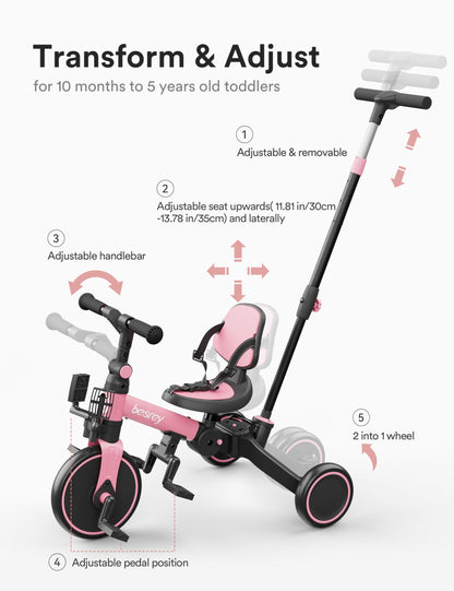 besrey 4 in 1 Toddler Bike, Toddler Tricycle for 1-3 Year Old, Trike with Push Handle, Backrest and Safety Belt, Birthday Gifts and Toys for Boys and Girls, Balance Bike