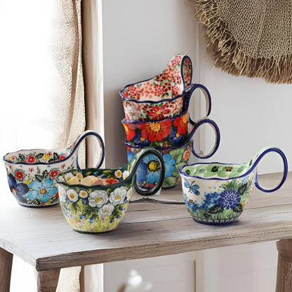 ALMA 2025 Updated Decorative Pottery Soup Bowl Microwave Safe,Large Ceramic Soup Bowl with Loop Handle,Ceramic Cereal Bowl for Soup,Snack,Chip,Stew,Ice cream-Spring Splendor Theme