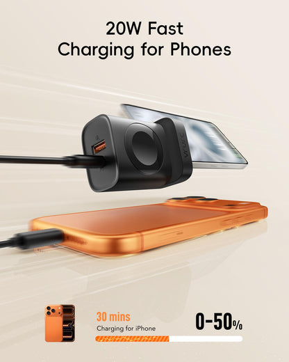 VRURC Charger for iPhone & Apple Watch, 20W USB C Fast Charging Block, 3-in-1 Compact Travel Adapter with 2 Port for iPhone 17/16/15/14/13, Wireless Magnetic for iWatch SE/11/10/9/8/7/6/5/4-Black