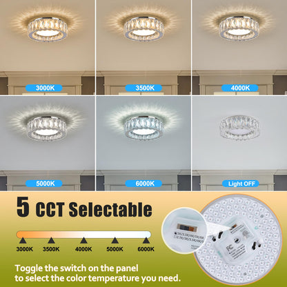 Gisisee 11 Inch Chrome Modern Luxury Crystal Flush Mount Ceiling Light Fixture,5CCT 3000K-6000K 24W,Round Small Dimmable Led Chandelier Hallway Lighting for Entryway,Kitchen,Bedroom,Laundry Room