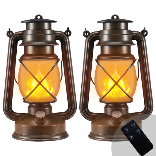 Outdoor Lanterns Waterproof Hanging Vintage LED Camping Lamps with Dancing Flame Non-Solar Remote Control Light Landscape Decor for Table Patio Garden Yard Pathway Porch 2Pack (3AA Batteries Power)