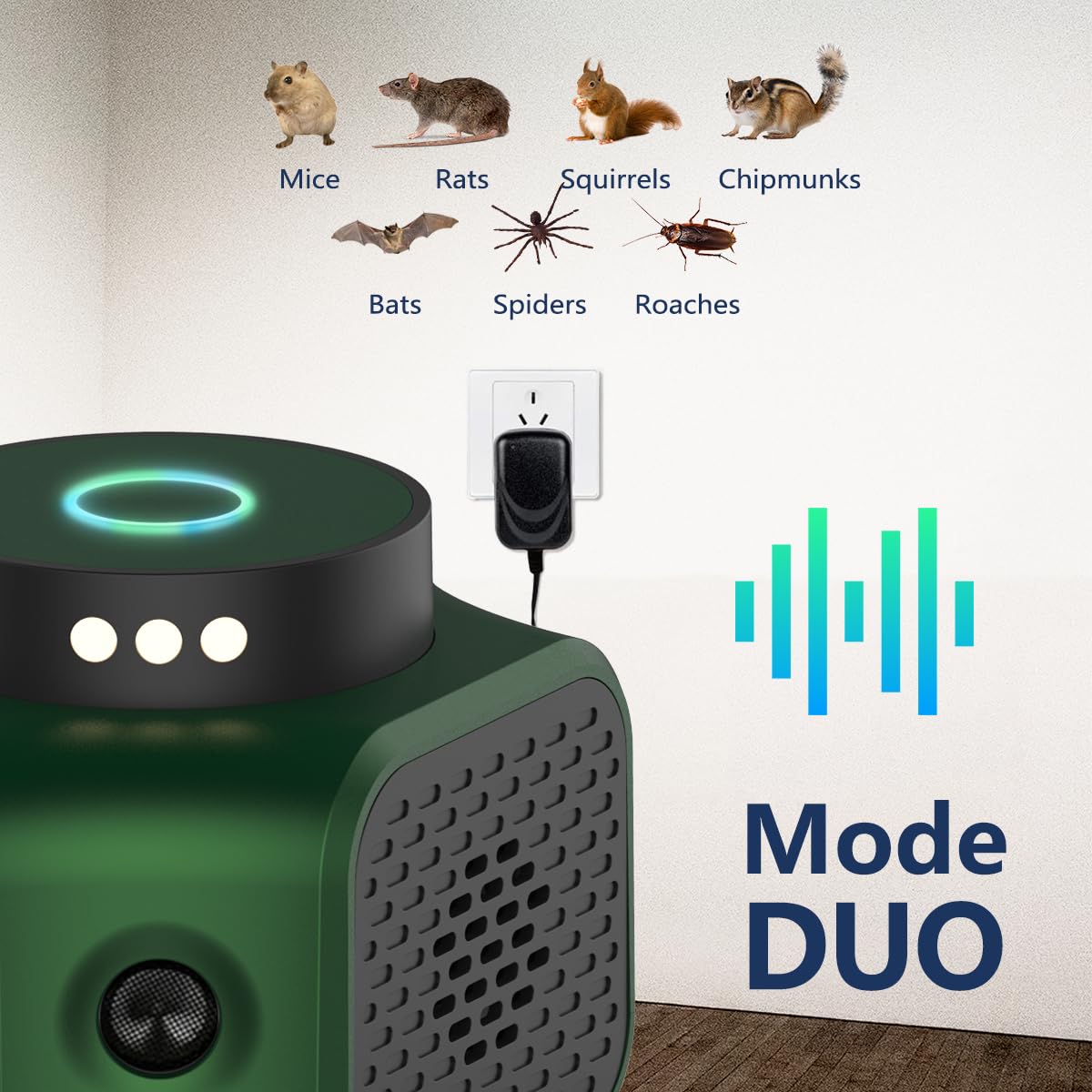 Ultrasonic Mouse Repellent Plug-in – Indoor Rodent Deterrent with 3 Modes & LED Strobe Lights, Mice Rat Squirrel Control for Attic, Garage, Basement (Green)