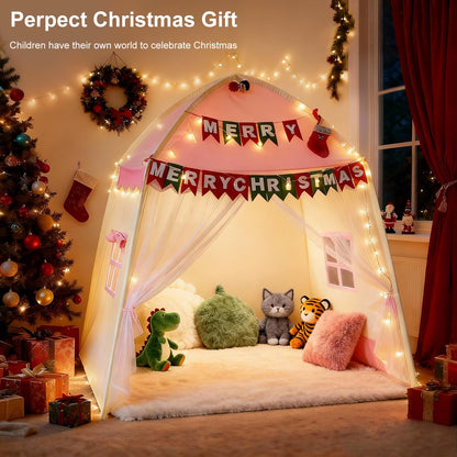 Kids Play Tent Indoor Teepee: Princess Castle Reading Nook with Mat Lights Carry Bag Mesh Windows Quick Setup for Bedroom Playroom Girls Ages 3-12 - 59x39x59 in