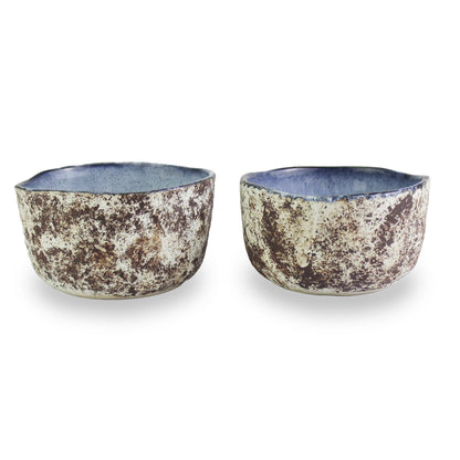 RoRo Handmade 4.5-Inch Rustic Coral Ceramic Miso Bowls – Set of 2, Hand-Glazed Blue Interior with Textured Finished, Microwave & Dishwasher Safe