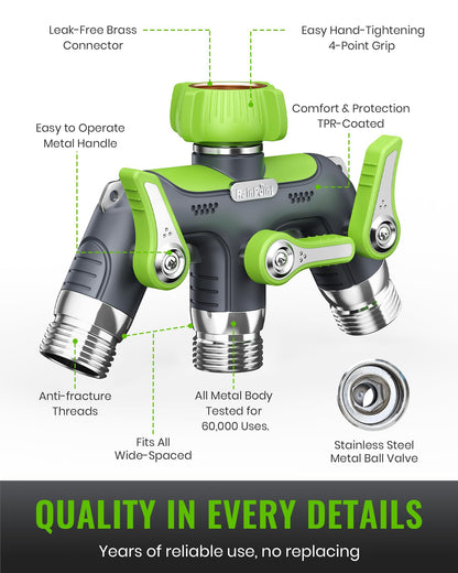 RAINPOINT 3 Way Hose Splitter, 100% Metal Heavy Duty Garden Hose Splitter With 1.9" Extra Long Handle & Individual Shut Off, 3/4 Inch GHT Thread Water Hose Connector For Outdoor Spigot Faucet (Green)
