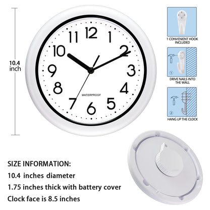 Caysie 10 Inch Sealed Indoor Outdoor Clock Waterproof, Silent Battery Operated Weatherproof Wall Clocks for Pool Patio Outside Home (White)