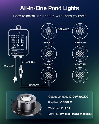 HIBOITEC LED Pond Lights, RGBWW Underwater Fountain Light with 12V Timer Transformer,Photocell Light Sensor, IP68 Waterproof Outdoor Underwater Lights for Outdoor Ponds Garden, 6 Head