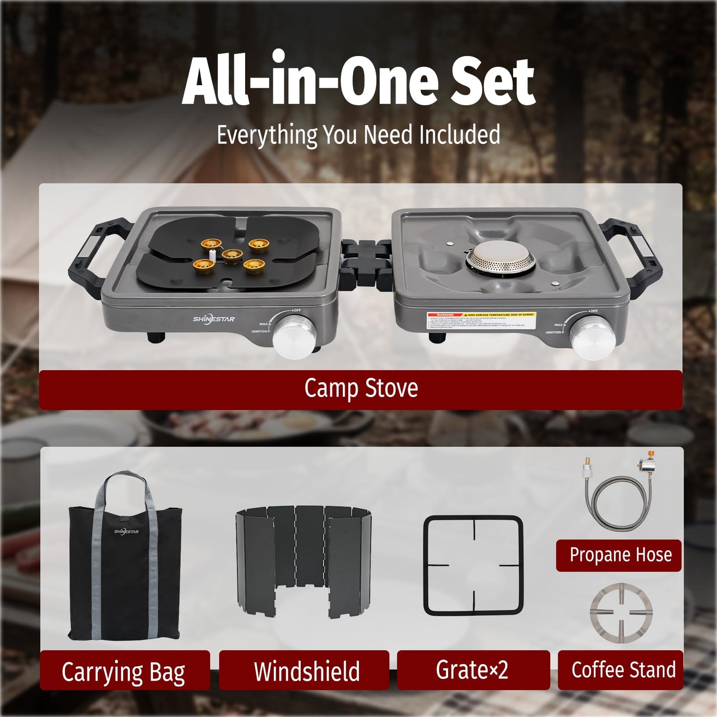 SHINESTAR 2 Burner Camping Stove, 24000 BTU Portable Propane Camp Stove with Brass Burner, Foldable Gas Stove with Windshield & Coffee Stand, Camping Essentials for Outdoor Cooking, or Emergencies