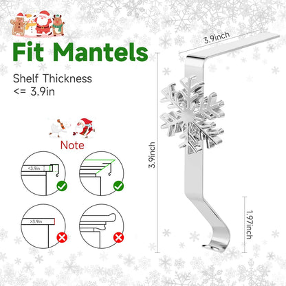 Christmas Stocking Holders for Mantle, Reusable No-Damage Hooks with Fireplace Grip Stand, Xmas Decoration Set for Hanging Stockings on Shelves, Mantel Clips for Holiday Party Home Decor Silver