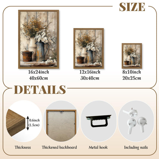 Clicyre Vintage Wildflower Wall Art, 12x16 Inch Wood Framed Farmhouse Botanical Canvas Prints, Rustic Floral Wall Decor, Cottagecore Flower Artwork for Kitchen, Living Room, Bedroom, Bathroom