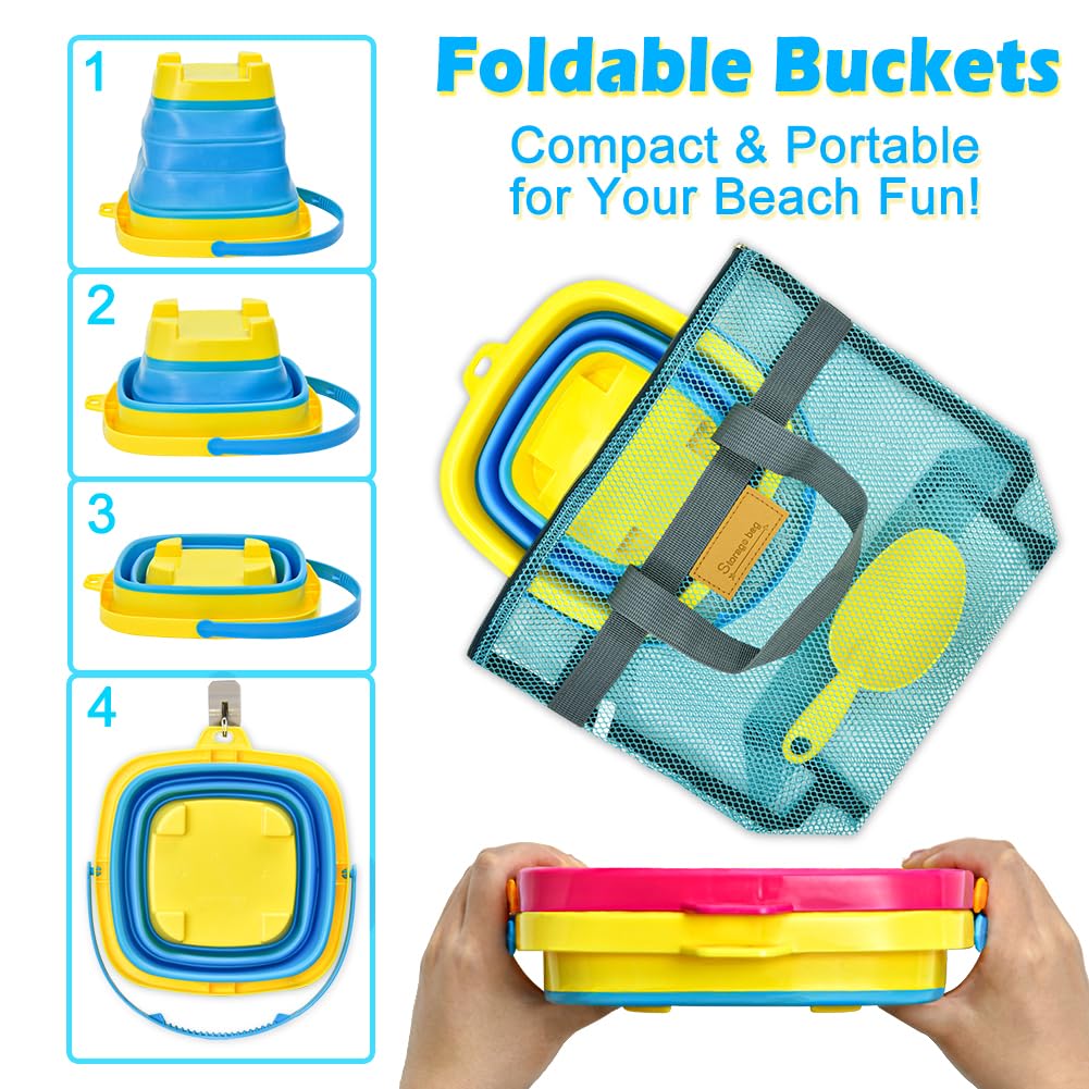 Aclarastra Collapsible Beach Sand Toys for Kids - Travel Beach Toys with 2 Collapsible Beach Buckets, Mesh Bags, Sand Castle Molds, Sand Bucket Shovel Set Sandbox Toy for Toddlers Kids