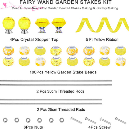 119 Pcs Garden Stake DIY Fairy Wand Plant Stake with Yellow Large Hole Beads Crystal Diamond Stopper Top 4 Stainless Steel Threaded Rod Beaded Garden Stakes for Outdoor Indoor Yard Patio Decorations
