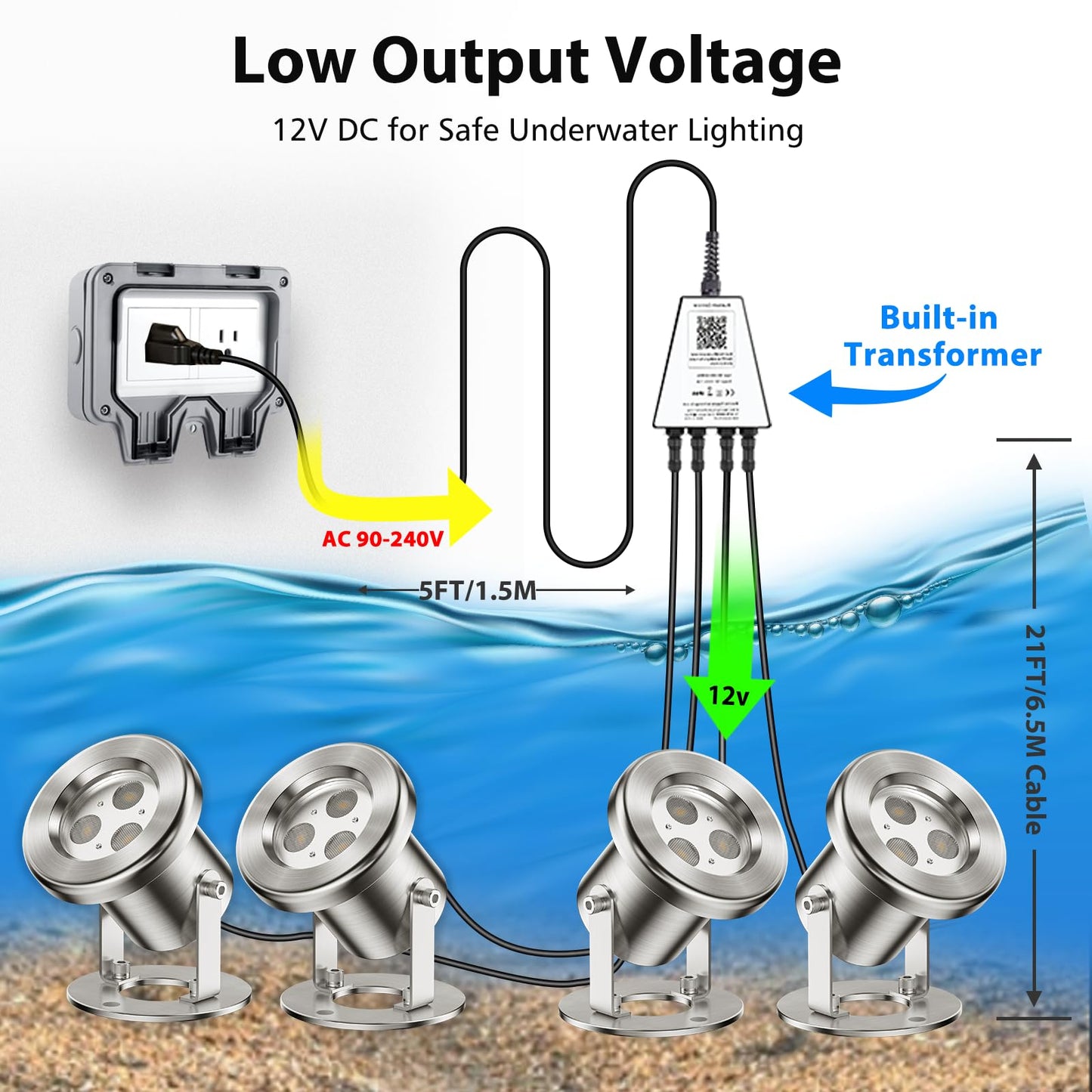 LyLmLe LED Pond Lights with APP Control, 6W SS316 Stainless Steel RGB Underwater Fountain Light with 12V Transformer, IP68 Waterproof Outdoor Underwater Lights for Pond Waterfall, Black Wire(4-Spots)