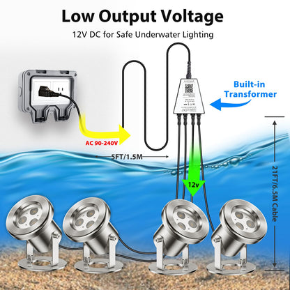 LyLmLe LED Pond Lights with APP Control, 6W SS316 Stainless Steel RGB Underwater Fountain Light with 12V Transformer, IP68 Waterproof Outdoor Underwater Lights for Pond Waterfall, Black Wire(4-Spots)