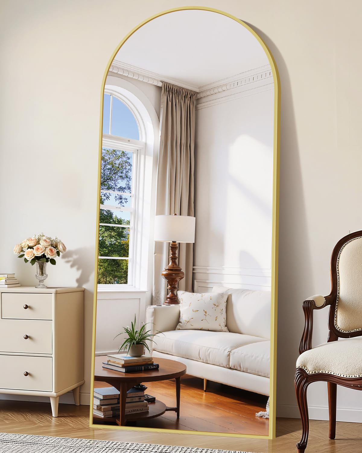InfiniGlass 76"x34" Arched Full Length Mirror, Large Floor Mirror with Aluminum Alloy Frame Standing Hanging or Leaning Wall-Mounted Mirror, Vanity Mirror for Living Room and Bedroom,Gold