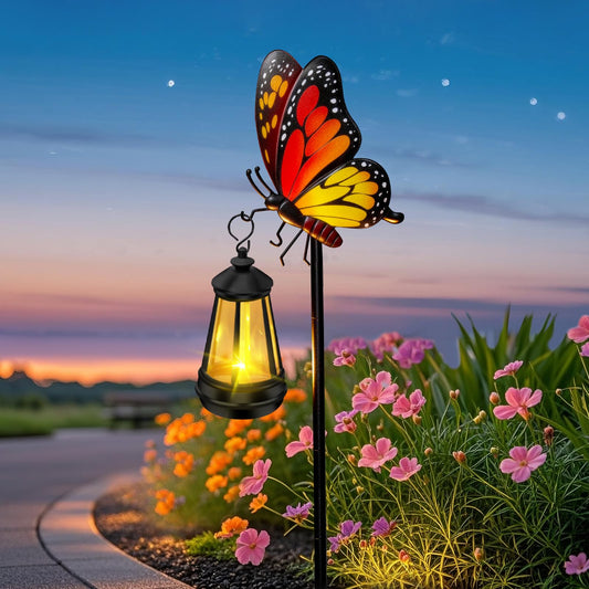 ZFNN Solar Garden Decor Lights Outdoor Waterproof, Metal Butterfly Stakes with Solar Lanterns, Solar Garden Lights for Decorative Yard Art Outside Patio Lawn Ornaments, Gifts for Women Mom