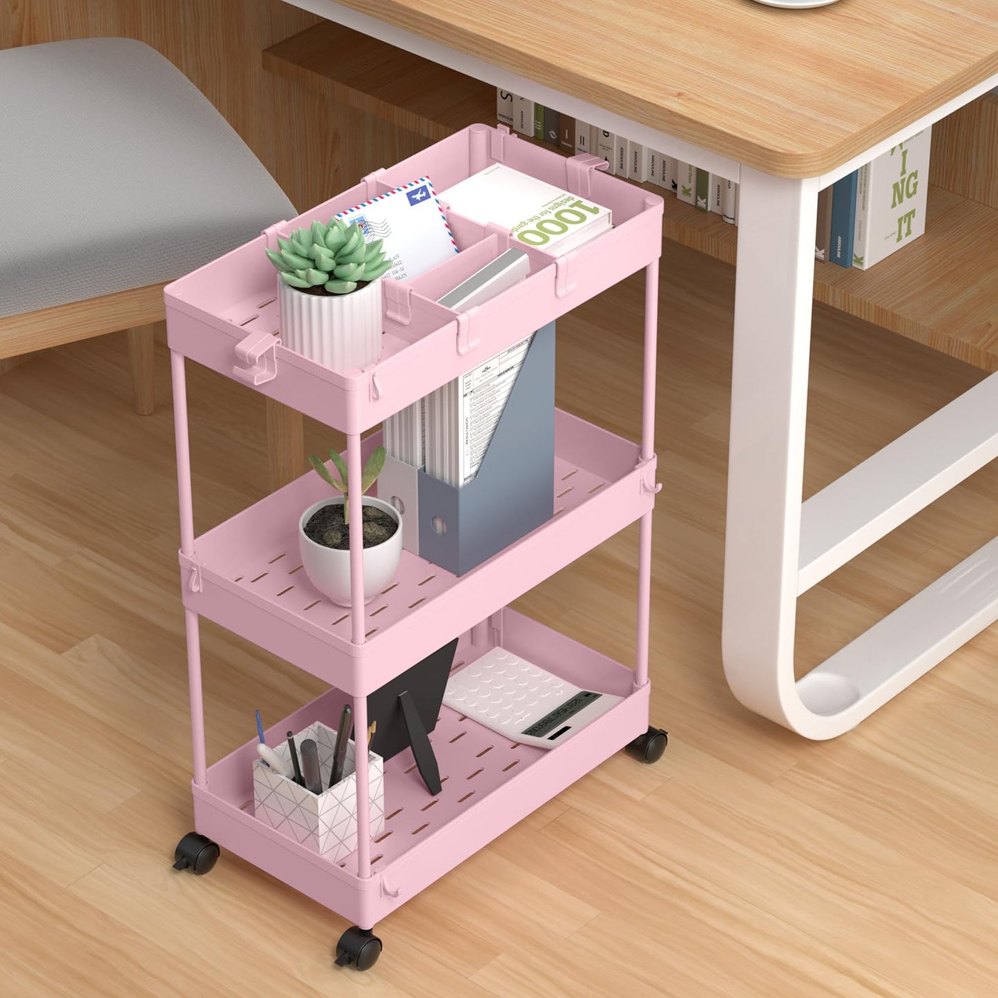 SPACELEAD 3 Tier Rolling Cart with Wheels, Storage Craft Art Trolley Organizer Serving, 3 Hanging Baskets Easy Assembly, for Office, Living Room, Kitchen, Pink