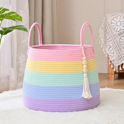 Degeyoyo Large Nursery Hamper, 30L Blanket Basket with Handle, Baby Laundry Basket for Gift, Toy, Clothes, Woven Storage Basket with Wooden Bead Decor, Baby Hamper for Nursery(Rainbow)