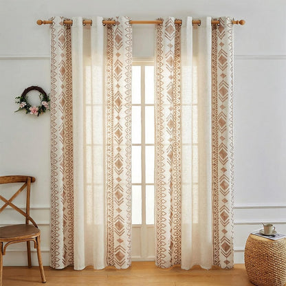 LOHUT Beige Boho Curtains 2 Panels for Bedroom 84 Inches Long Linen Embroidered Drapes for Living Room Farmhouse Geometric Light Filtering Grommet Window Treatment 55x84 Inch, Taupe On Beige