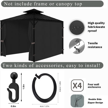 ORSMGOLF Outdoor Waterproof Gazebo Curtains - Privacy & Weather 4 - Panels Gazebo Side Wall with Zipper - Resistant Privacy Curtains Replacement for Patios/Gardens (Black, 12' x 12')