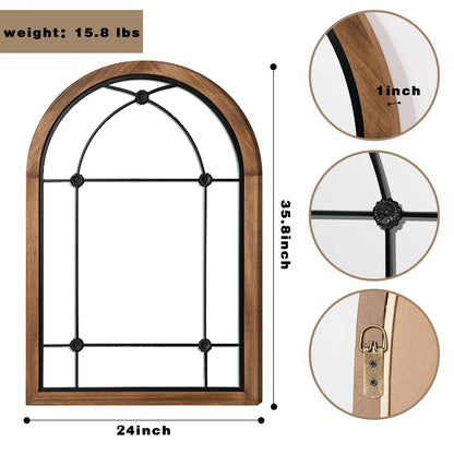 blue page 36x24 Inch Arched Wall Mirror with Rustic Wood Frame, Farmhouse Window Pane Mirror for Entryway, Bathroom Vanity and Living Room Decor, Dot Brown