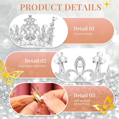 200 Pcs Flower Bouquet Accessories 100 Corsage Bouquet Pins 96 3D Butterfly Wall Decor Bulk and 4 Crown Cake Topper Pearl Pins Floral Arrangement for Festival Wedding Birthday Party (Gold, Silver)