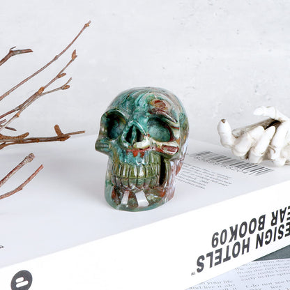 LEADGEM 3.0" Ocean Jasper Crystal Skull Head Decor Figurine Healing Stone Carved Sugar Skull Stutue Sculpture Ornament for Day of Dead Decorations Home Office