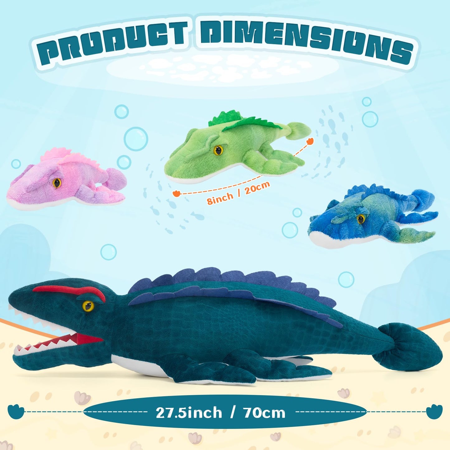 Karister Blue Dinosaur Stuffed Animal,Giant Dinosaur Plush Toy,Mommy Dino with Babies & Egg, Soft Mosasaur Plushie,Realistic Dinos Stuffy,Gifts for Kids Boys Girls Easter Christmas Birthday