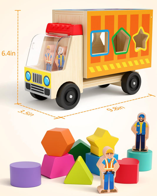 Coogam Shape Sorting Montessori Toys for Toddles, Wooden Color Shape Sorter Truck Toy with 2 Play Figures - Fine Motor Educational Learning Gift Toy for Kids 2 3 4 Year Old