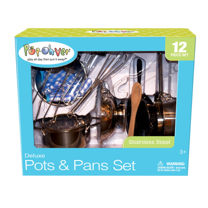 PopOhVer Deluxe Pots & Pans Set - 12 Piece Stainless Steel Play Kitchen Set - Realistic Looking Cookware for Imaginative Role Play - Great for Young Boys and Girls Ages 3+