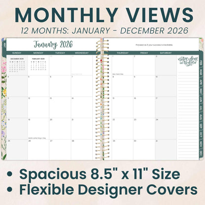 bloom daily planners 2026 Planner (January to December) - 8.5” x 11” Weekly & Monthly Dated Agenda Organizer Book with Stickers & Tabs - Flexible Soft Cover - Garden Party, Beige