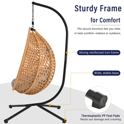 GDFStudio Hammock Chair with Stand, Rattan Weave Hanging Egg Chair with Cushion, Iron Frame Swing Ceiling Chair for Indoor Outdoor Patio Balcony Porch Garden, Patio Furniture, 330lbs, Brown+Gray