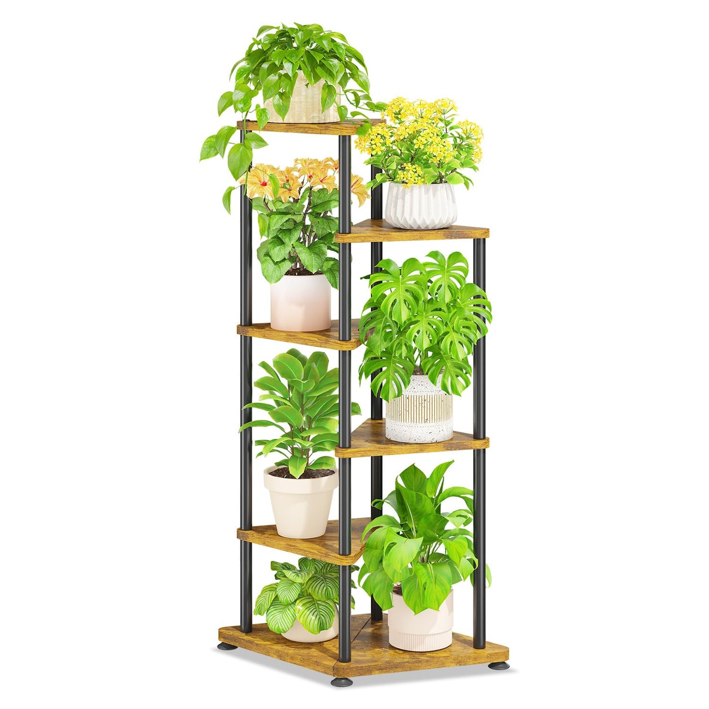 LASZOLA 5 Tier Tall Wood Plant Stand Indoor, Heavy Duty Corner Plant Rack for Large Planters, Multi Level Vertical Metal Flower Holder Display Shelf for Living Room Patio Balcony Garden, Rustic Brown