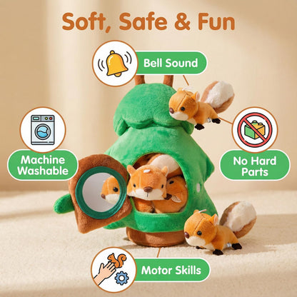 Squirrel Tree Baby Sensory Toy for 6-12 Months, Montessori Plush Hide and Seek Toy for Toddlers 1-3, Infant Developmental Stuffed Animal Playset with 5 Squirrels, Newborn Gift for Boys Girls