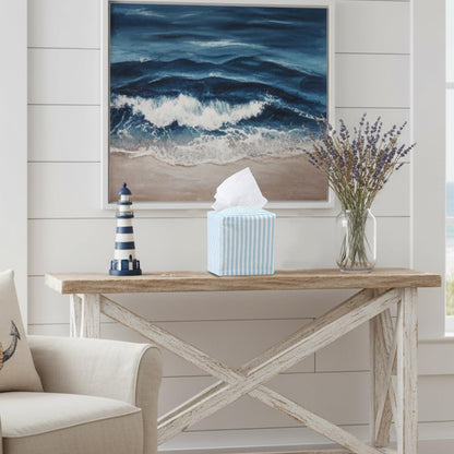 Potchen Coastal Tissue Box Cover Light Blue and White Stripe Tissue Box Cover Decorative Cotton Square Napkin Holder for Home Bedroom Living Room Bathroom Office Kitchen