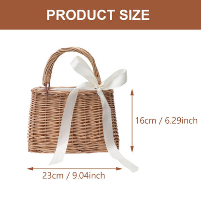 CARMELIT Flower Girl Basket Boho Style Rattan Baskets with White Ribbon for Weddings, Classic Wicker Handbag Basket Purse Baskets Bags Women Straw Tote with Handle