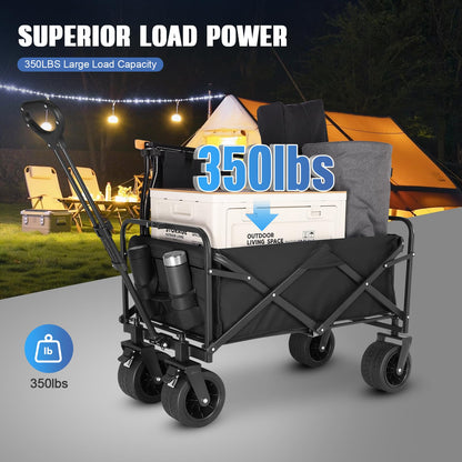 EVLIQUIL Collapsible Foldable Beach Wagon,Folding Wagon Cart with Big Wheels,Utility Grocery All Terrain Wagons carts Foldable with Brakes for Sand Camping Sports Outdoor(Deep Black).