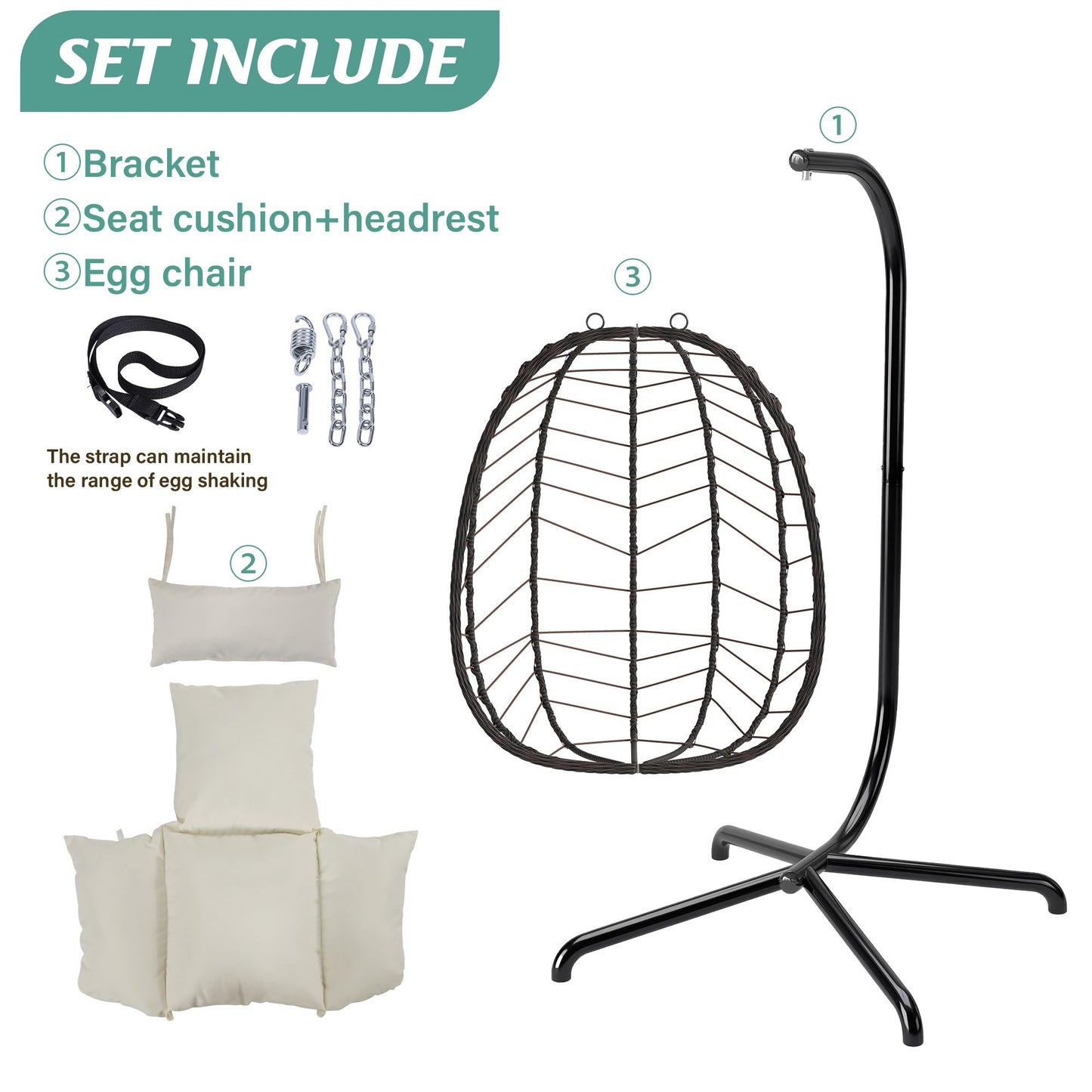 LEX CRAFT Hanging Egg Chair with Stand, Swinging Egg Chair Outdoor Indoor, Hanging Basket Chair with Cushion, Patio Wicker Hammock Chair 350lbs Capacity for Porch, Balcony, Backyard, Garden (Beige)