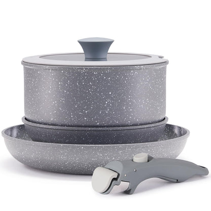 Vkoocy Gray Non Stick Pot and Pan Set with Removable Handle, Ceramic Cookware Set Detachable Handle, 5pcs Induction Kitchen Camping Stackable Pots Pans, Dishwasher/Oven Safe, PTFE/PFAS/PFOA Free