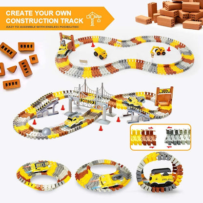 Construction Race Tracks Set, Flexible Train Tracks w/ 2 Electric Construction Race Vehicles w/Lights, STEM Engineering Race Track Toys with Dump Truck, Crane Assort Acessories for Boys Girls