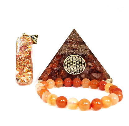 Sawcart Carnelian Crystal Orgone Pyramid with Flower of Life Symbol, Stone Bracelet & Orgone Pendant Necklace Kit for Aura Cleansing, Reiki Spiritual Healing, Energy Generator, Yoga Meditation