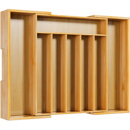 Kitsure Large Bamboo Silverware Organizer - Expandable Drawer Organizer for Utensil, Cutlery and Flatware, Kitchen Storage Solution with 6 to 8 Slots, Natural, 19.4" × 13.1" × 1.8"
