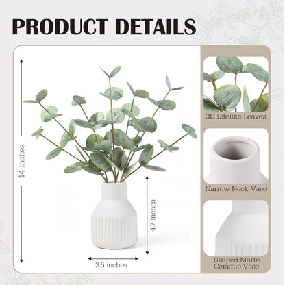 FIACO Artificial Eucalyptus Stems in Ceramic Vase, 14" Fake Plants for Home Decor, Coffee Table Centerpiece Bathroom Shelf Dining Table Farmhouse Faux Greenery Plants Indoor Decorations