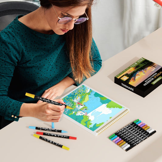 TOSHARE 48 Colors Acrylic Paint Markers Waterproof Dual Tip Acrylic Paint Pens with Brush & Fine Tip Professional Marker Set Scrapbook Markers for Paper Rock Wood Fabric Glass Ceramic and DIY Crafts