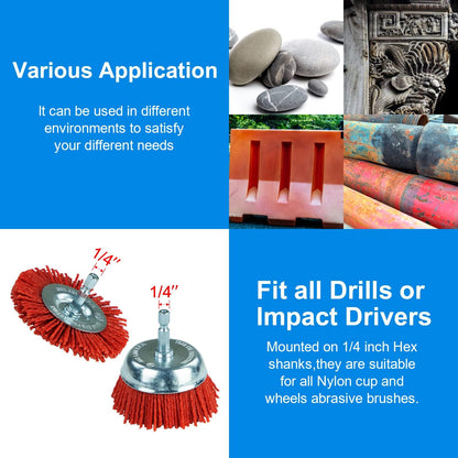 SALI 9 Pack Nylon Filament Abrasive Wire Brush Wheel & Cup Brush Set with 1/4 Inch Hex Shank, 3 Sizes Nylon Drill Brush Set for Removal of Rust Corrosion Paint