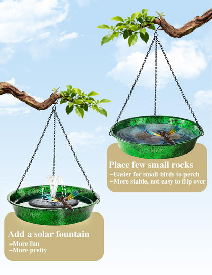 Hanging Bird Bath for Outside, 11.5” Metallic Green & Blue Metal Birdbath Bowl & Feeder with Black Chain Outdoor Garden Yard Decor